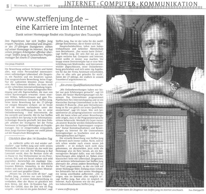 Zeitungsartikel über meine Onlinebewerbung mit einem Foto von mir hinter einem Laptop