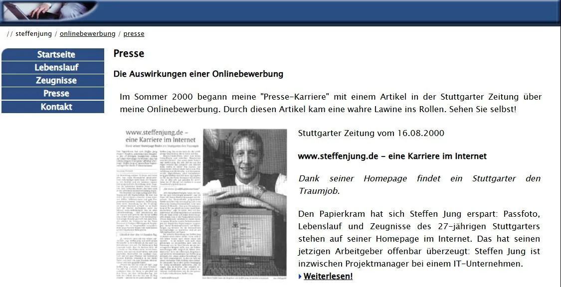 Screenshot der Presseseite meiner alten Onlinebewerbung mit blauem Menü und einem Artikel der Stuttgarter Zeitung