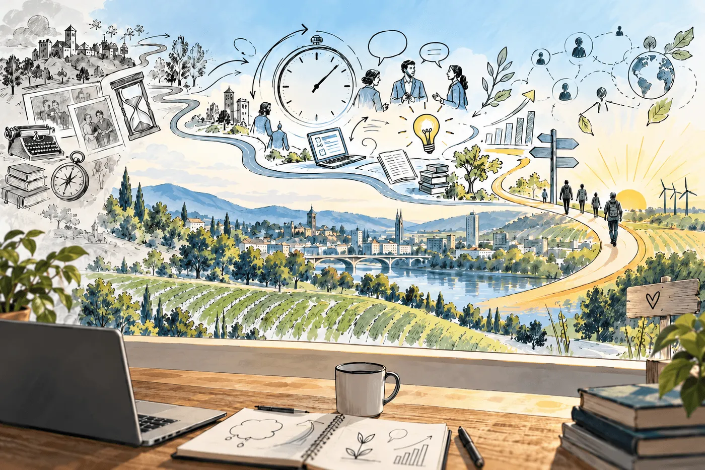 Gezeichnete Landschaft über einem Schreibtisch: links Vergangenheit mit alten Fotos, Schreibmaschine und Sanduhr, in der Mitte eine Uhr, Gespräche und eine Glühbirne über einer Stadt am Fluss, rechts ein Weg in die Zukunft mit Sonnenaufgang.